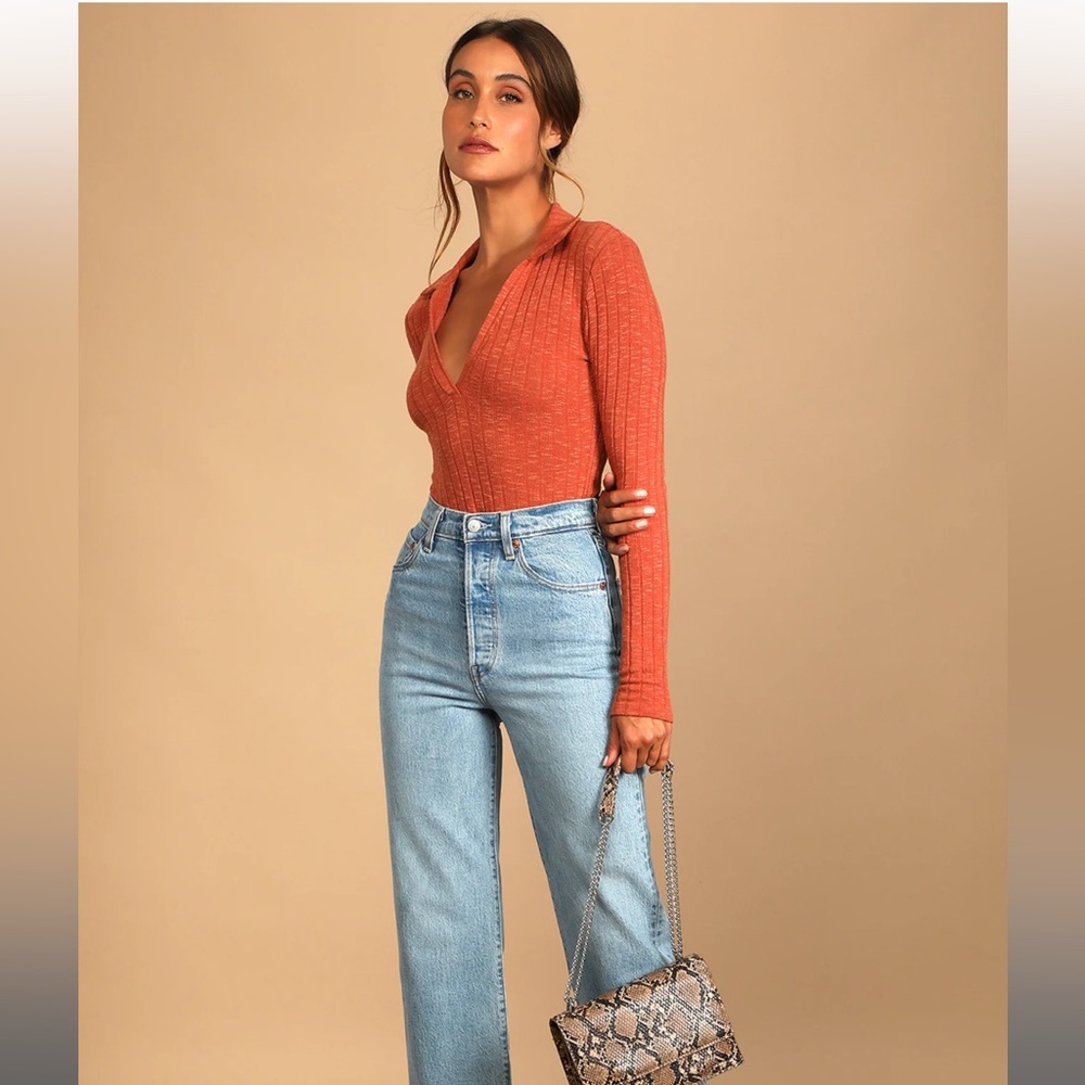 NWT Lulus You Belong Here Rust Orange Ribbed Collared Long Sleeve Bodysuit